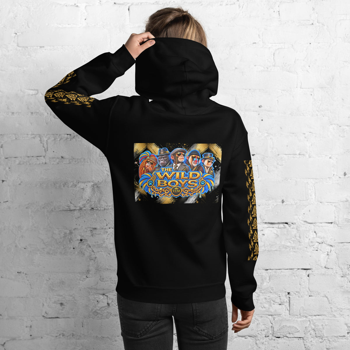 Black Wild Boys Primate hoodie with colourful primate artwork and Wild Boys lettering, woman modelling back view