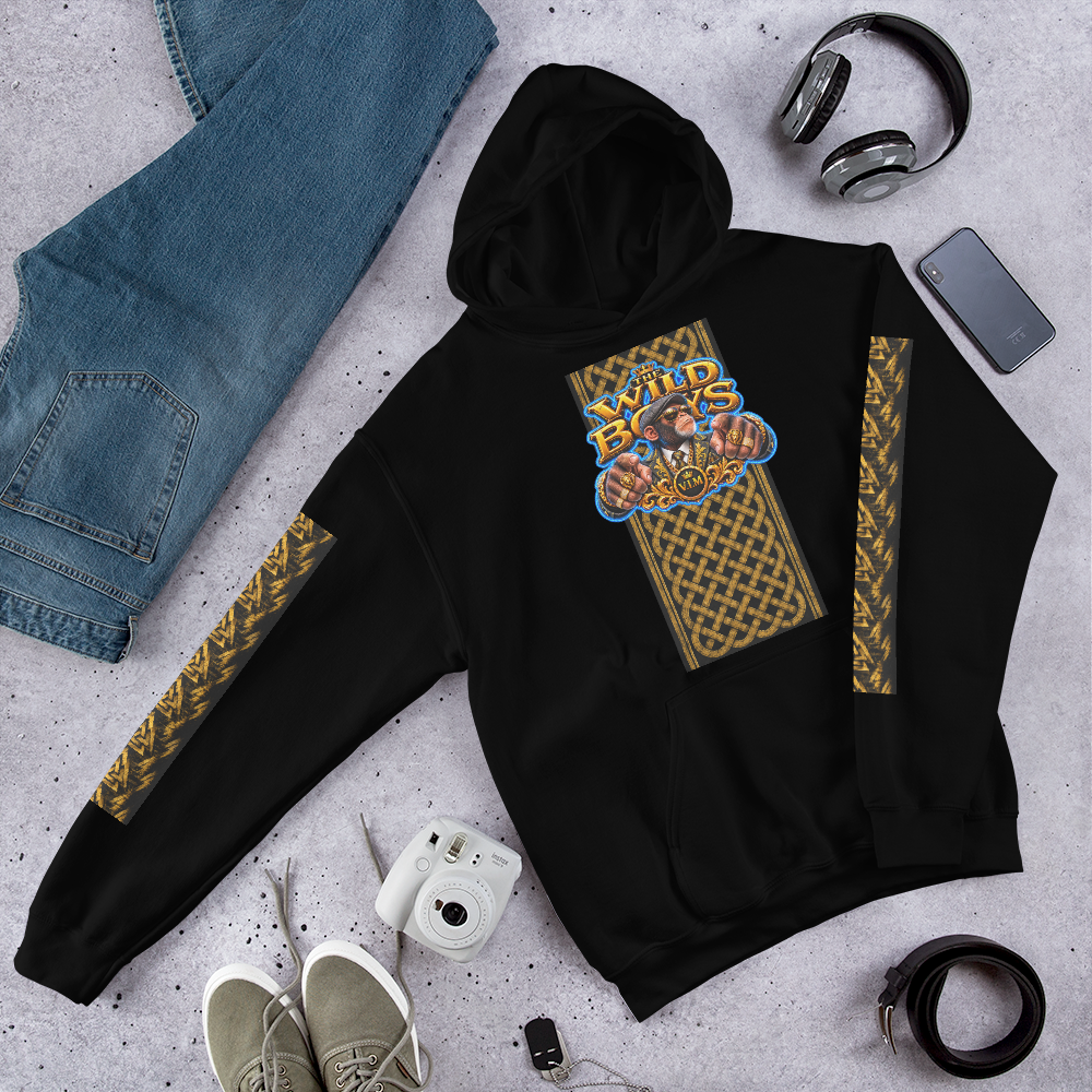Wild Boys Primate Edition heavyweight fleece-lined hoodie in black with gold Celtic patterns and colorful graphic, laid out