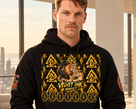 Velvet Ink Market Lead the Pride Lion Hoodie in black, front view featuring a lion graphic with Lead the Pride lettering.
