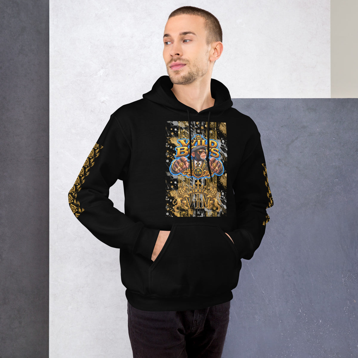 Black Wild Boys Primate hoodie with gold and multicolour chest artwork and patterned sleeves, model front view