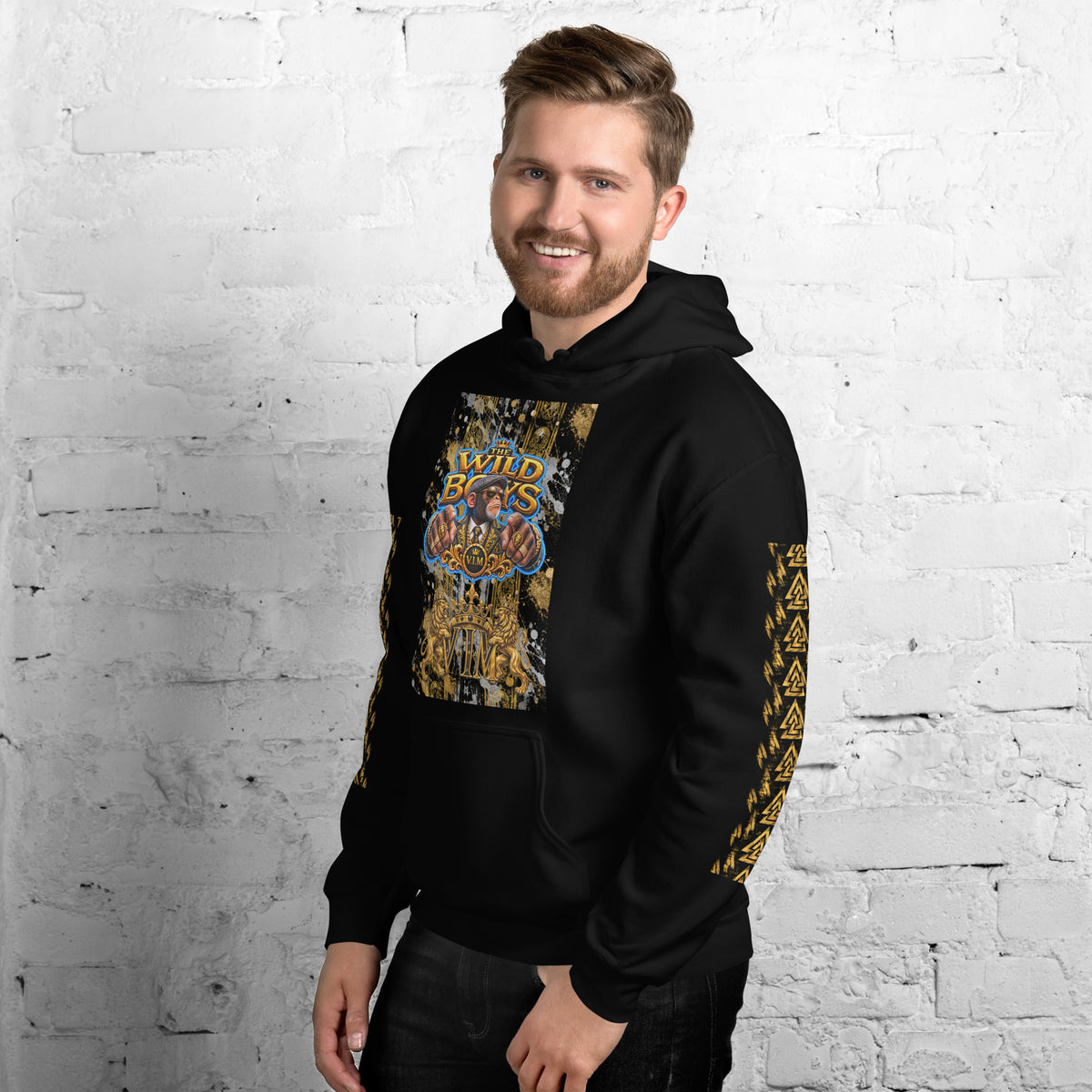 Black Wild Boys Primate hoodie with colourful chest print and gold sleeve pattern, man modelling a front-left view