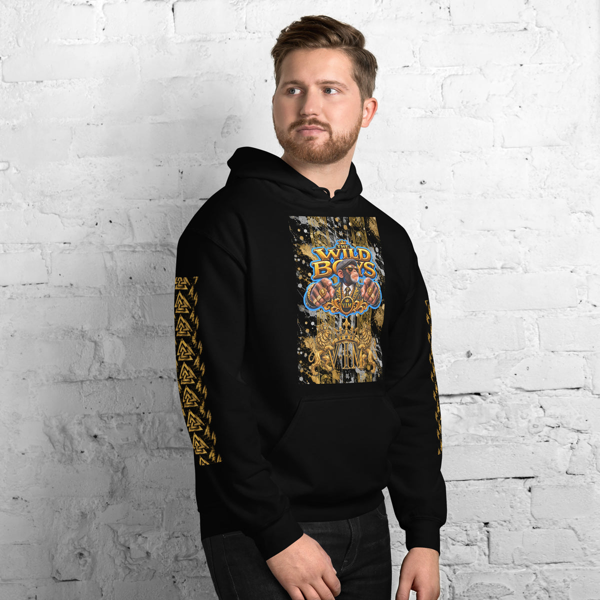 Black Wild Boys Primate hoodie with multicolour chest graphic and gold sleeves, man modelling a front-right view