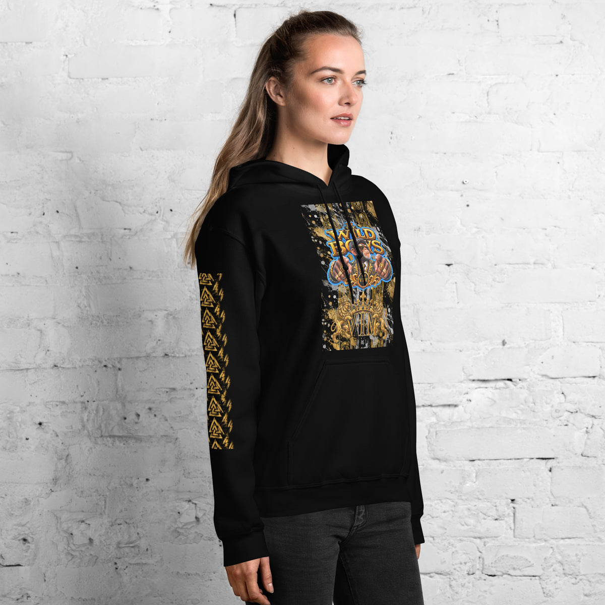 Black Wild Boys Primate hoodie with multicolour chest artwork and gold sleeves, woman modelling a front-right view