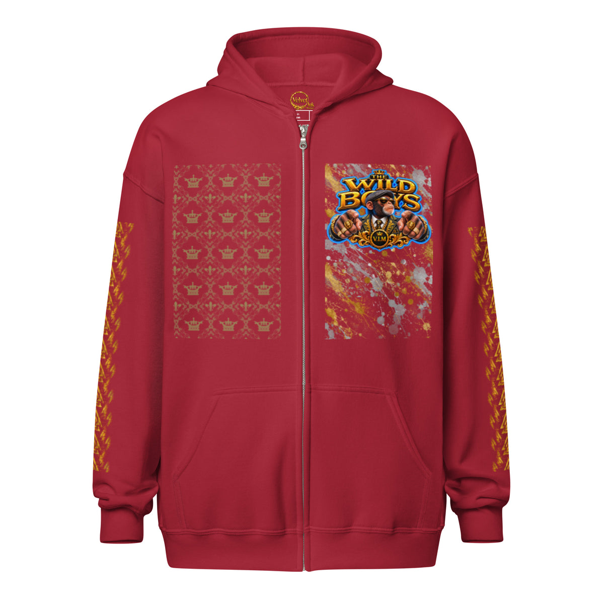 V.I.M Wild Boys Primate zip hoodie in Cardinal Red, front view with chest print