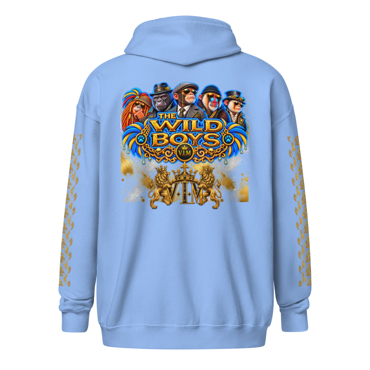 V.I.M Wild Boys Primate zip hoodie in Carolina Blue, back view with blue and gold primate artwork
