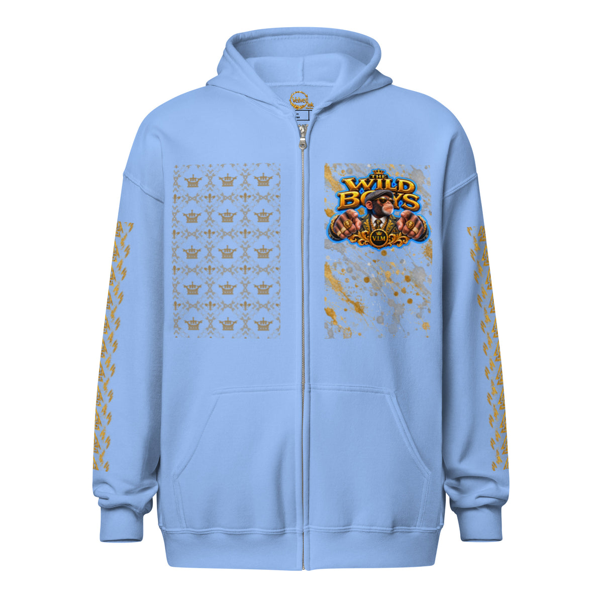 V.I.M Wild Boys Primate zip hoodie in Carolina Blue, front view with chest print