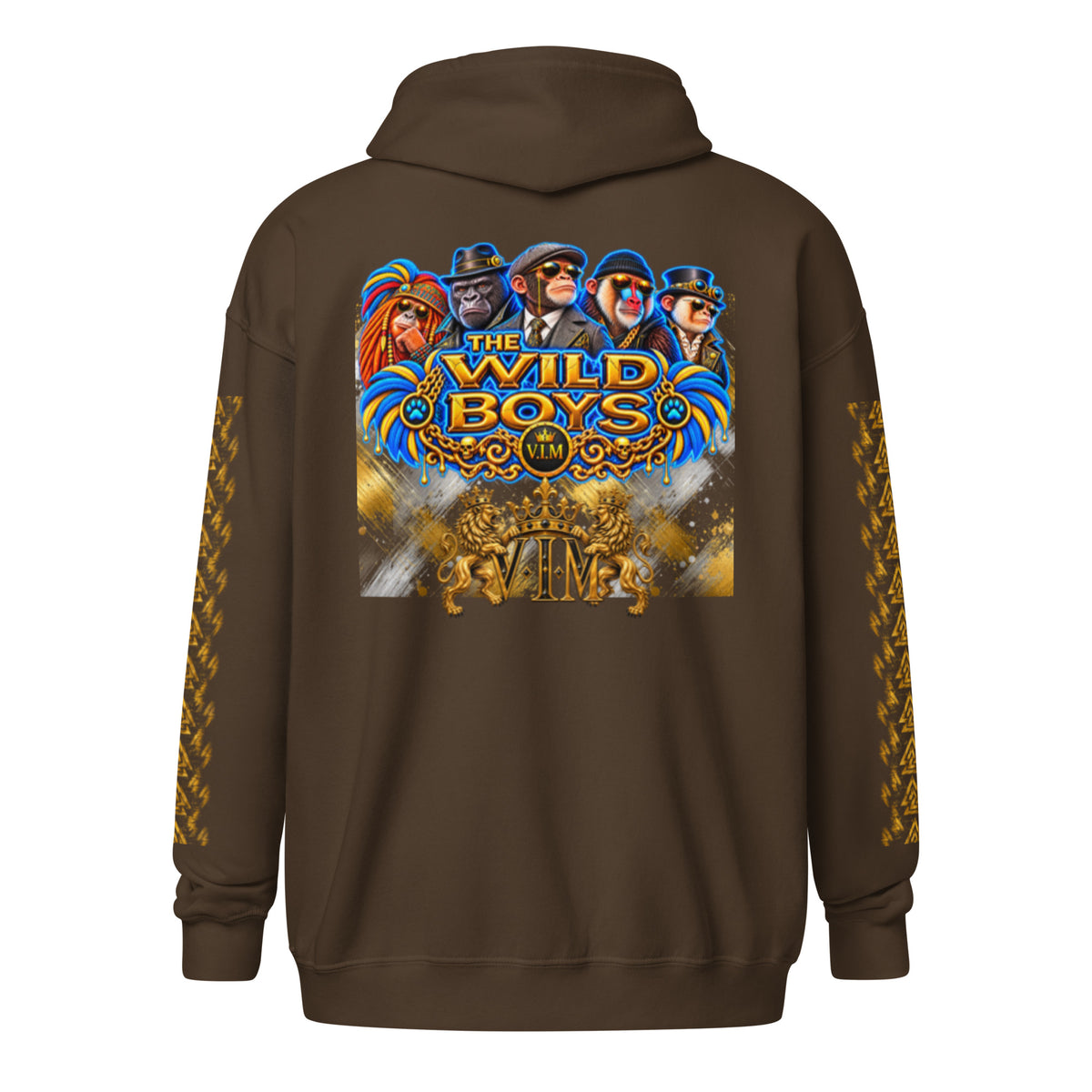 V.I.M Wild Boys Primate zip hoodie in Dark Chocolate, back view with blue and gold primate artwork