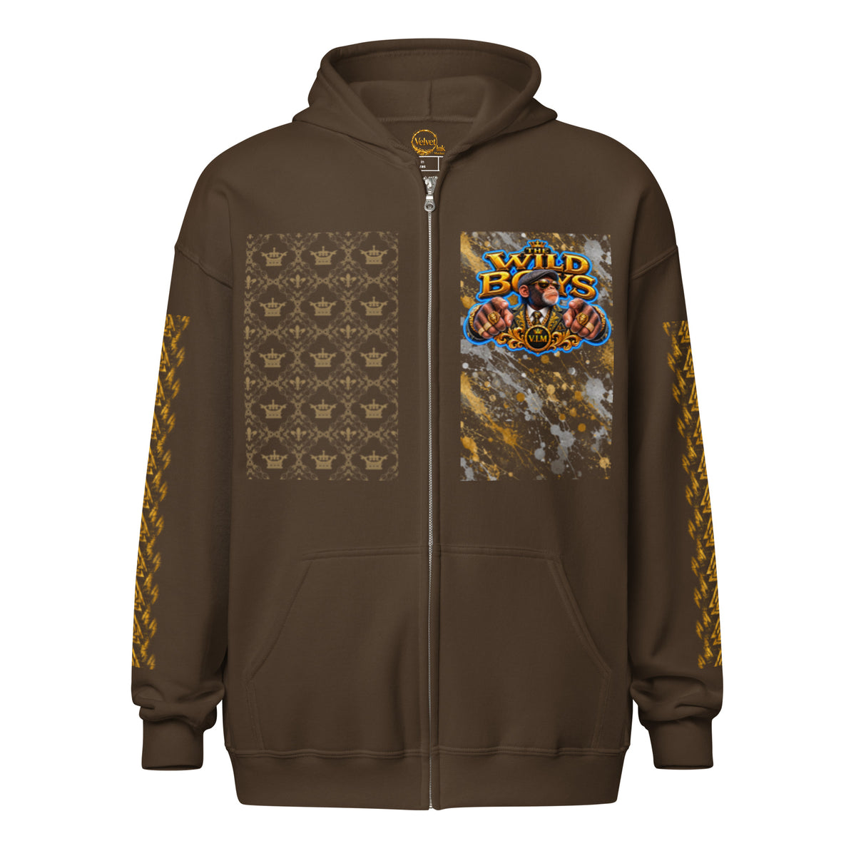 V.I.M Wild Boys Primate zip hoodie in Dark Chocolate, front view with chest print