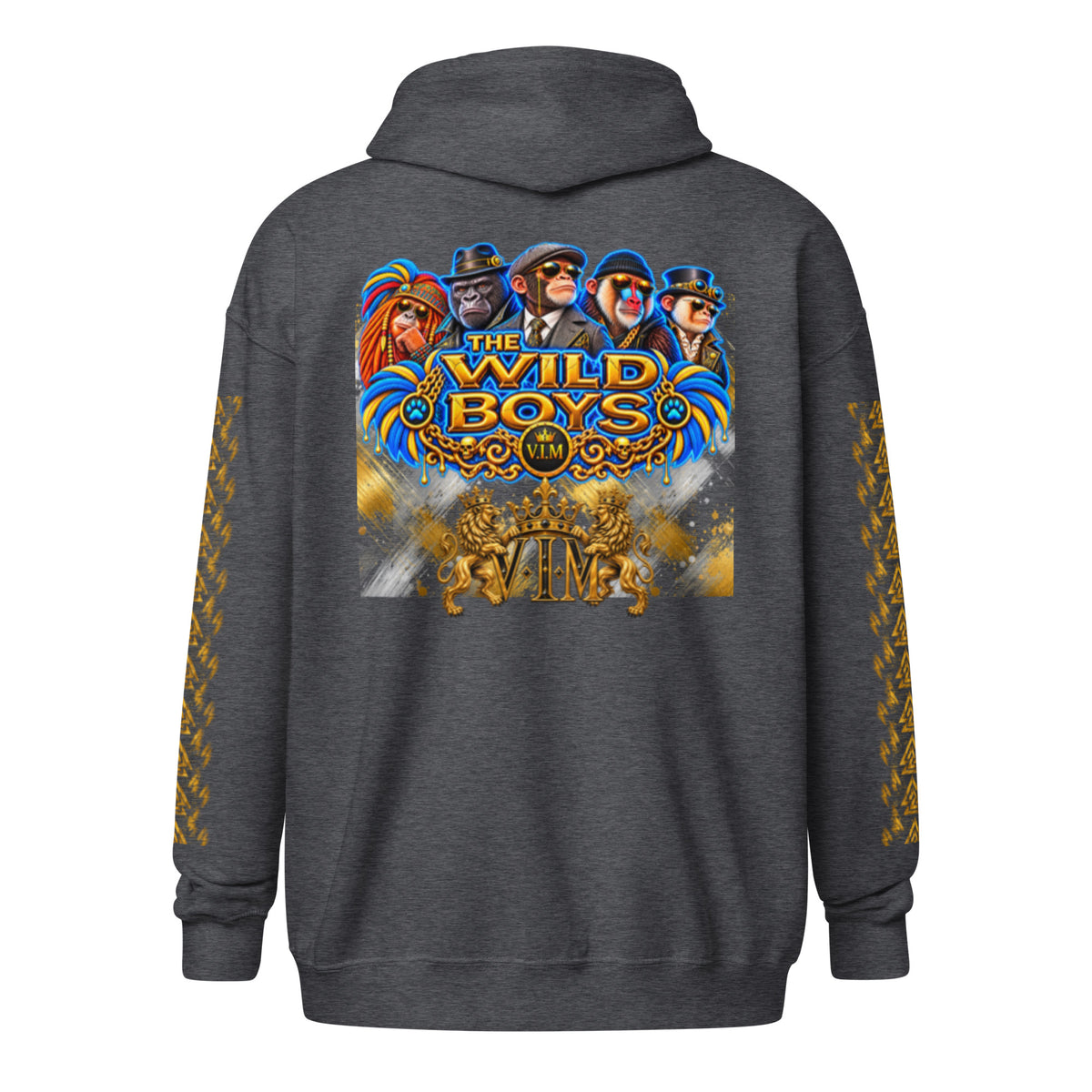 V.I.M Wild Boys Primate zip hoodie in Dark Heather, back view with blue and gold primate artwork