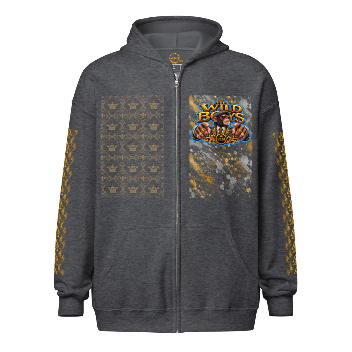 V.I.M Wild Boys Primate zip hoodie in Dark Heather, front view with chest print