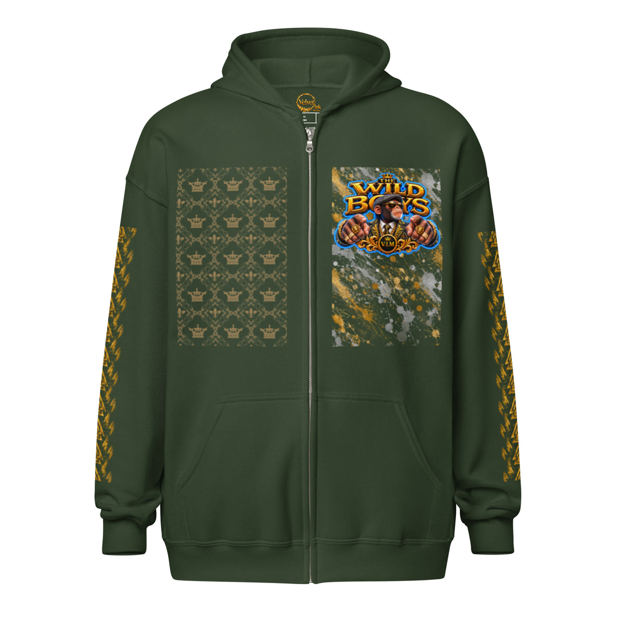 V.I.M Wild Boys Primate zip hoodie in Forest Green, front view with chest print