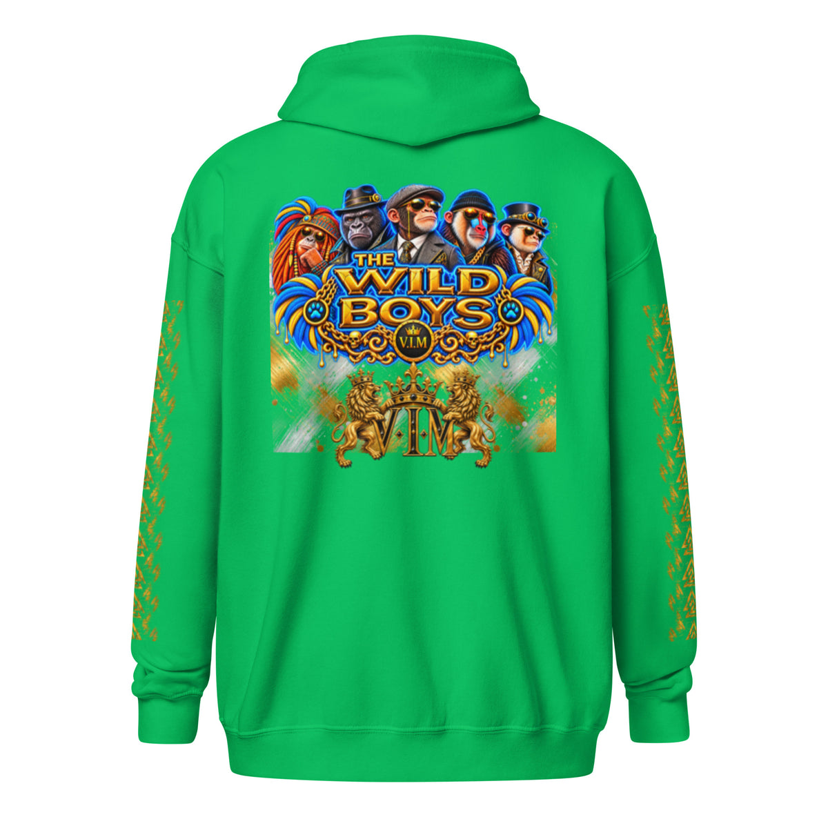V.I.M Wild Boys Primate zip hoodie in Irish Green, back view with blue and gold primate artwork
