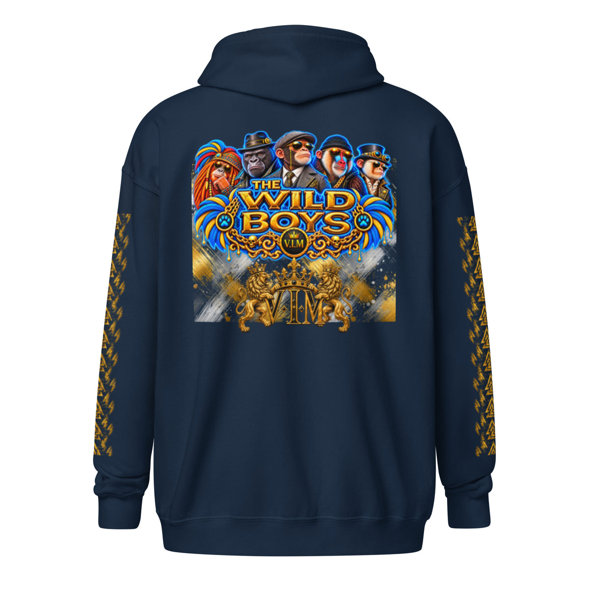 V.I.M Wild Boys Primate zip hoodie in Navy, back view with blue and gold primate artwork