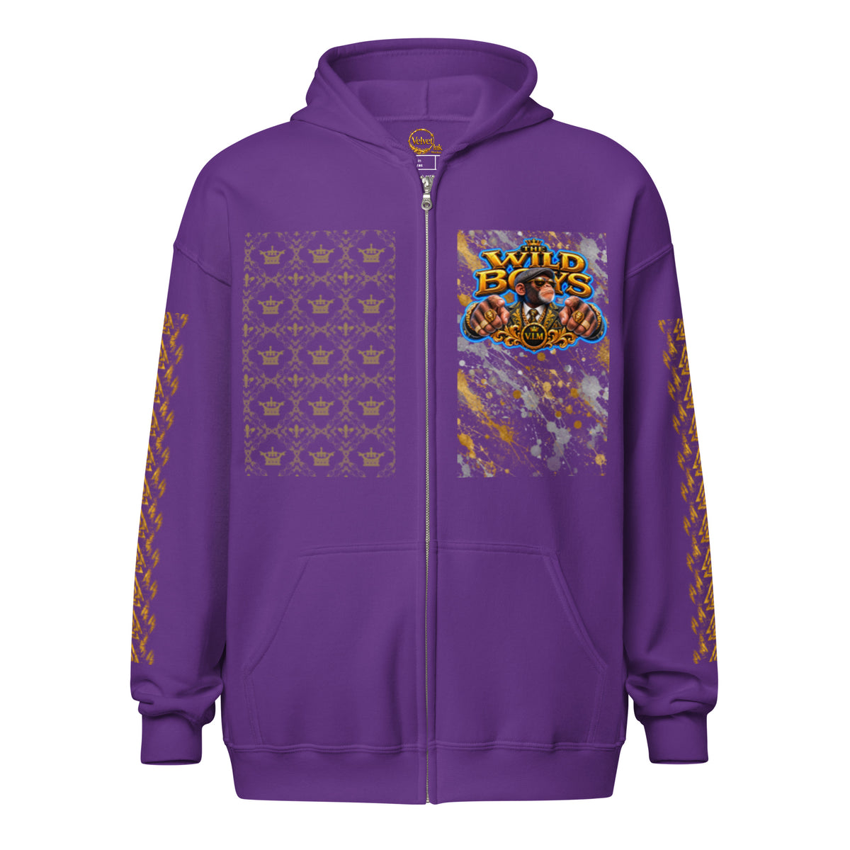 V.I.M Wild Boys Primate zip hoodie in Purple, front view with chest print