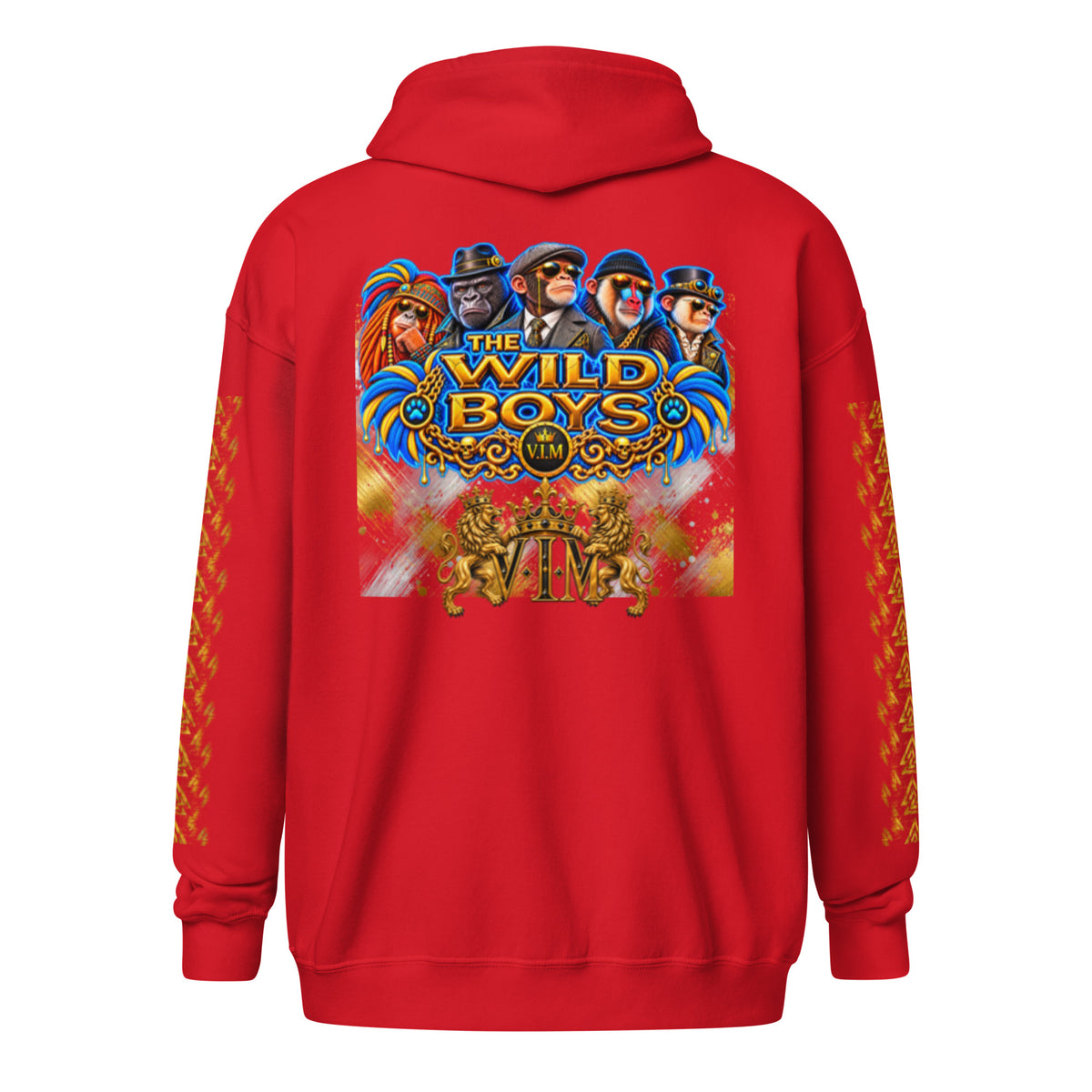 V.I.M Wild Boys Primate zip hoodie in Red, back view with blue and gold primate artwork