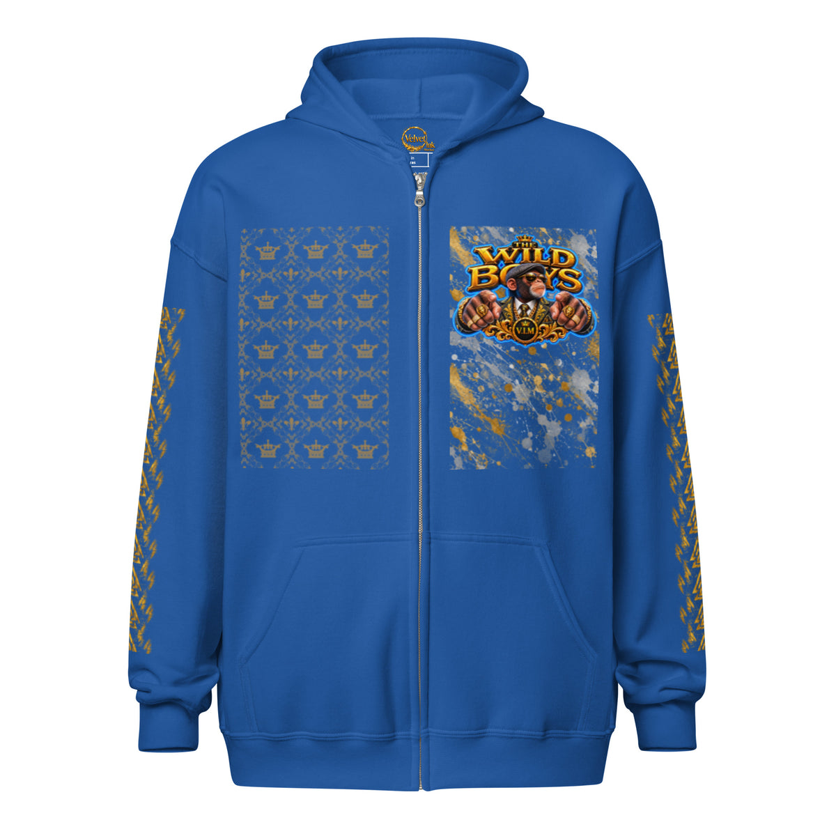 V.I.M Wild Boys Primate zip hoodie in Royal, front view with chest print