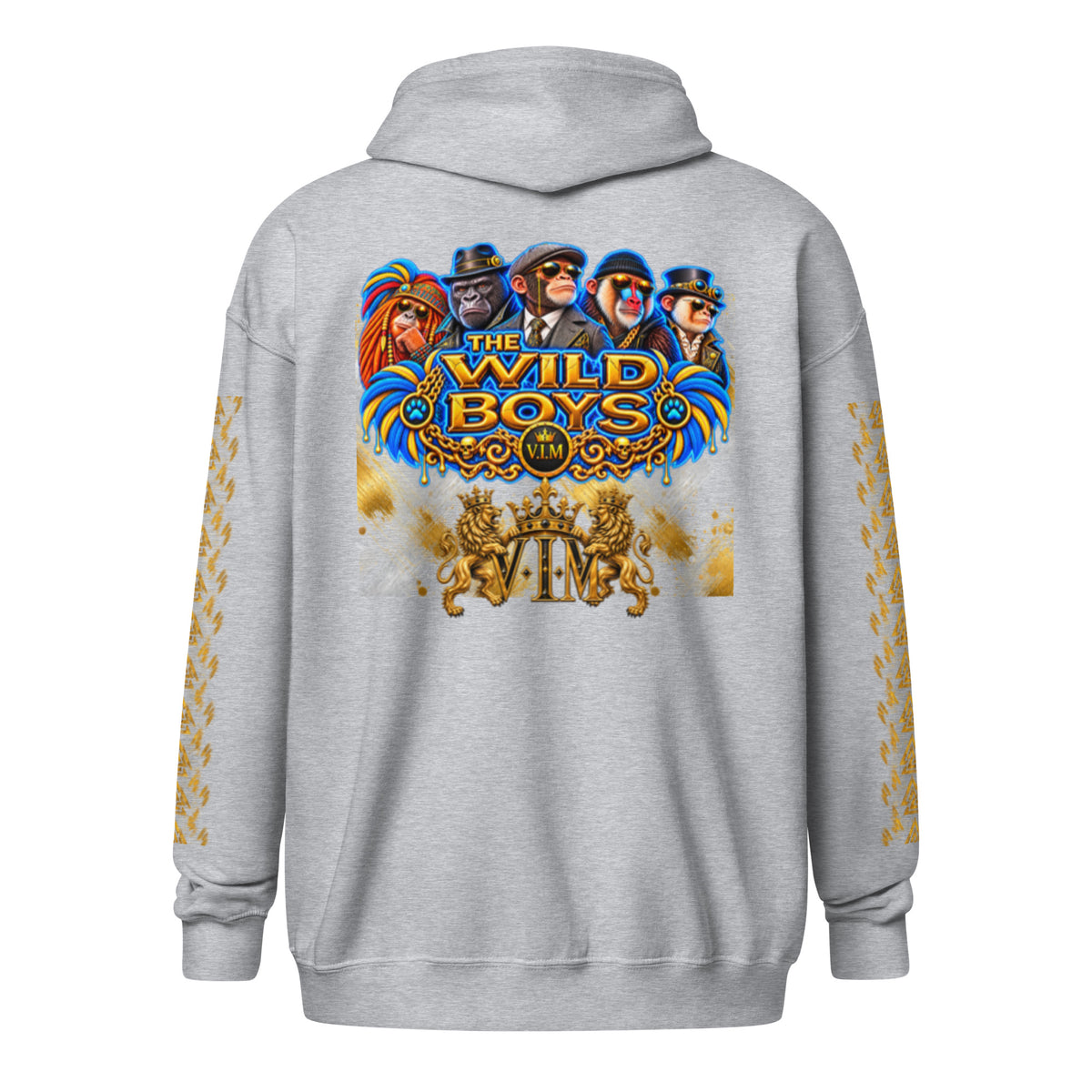 V.I.M Wild Boys Primate zip hoodie in Sport Grey, back view with blue and gold primate artwork