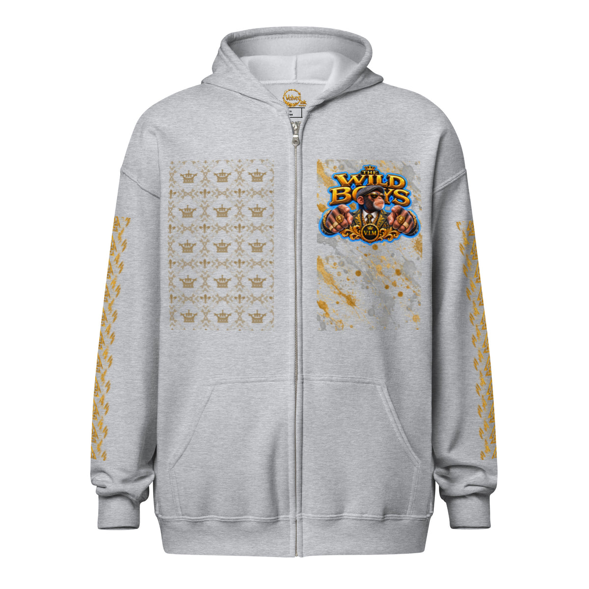 V.I.M Wild Boys Primate zip hoodie in Sport Grey, front view with chest print