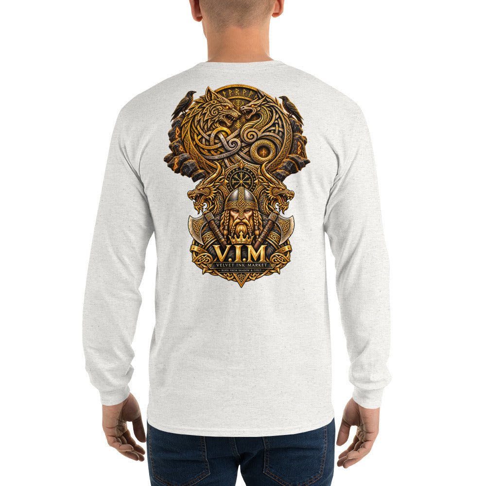 A man viewed from the back wearing a white long-sleeve t-shirt with a large, detailed Norse-themed graphic in gold and brown on the back, featuring a dragon, shield, and the text 'V.I.