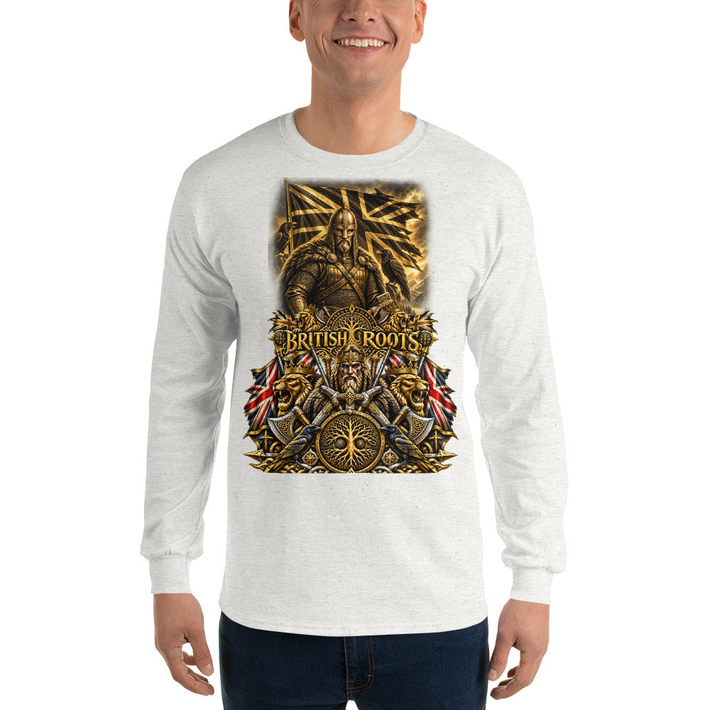 A man wearing a white long-sleeve t-shirt with a large, detailed graphic print on the front. The graphic features a Viking warrior, the text 'BRITISH ROOTS', and historical symbols in gold, red, and blue.