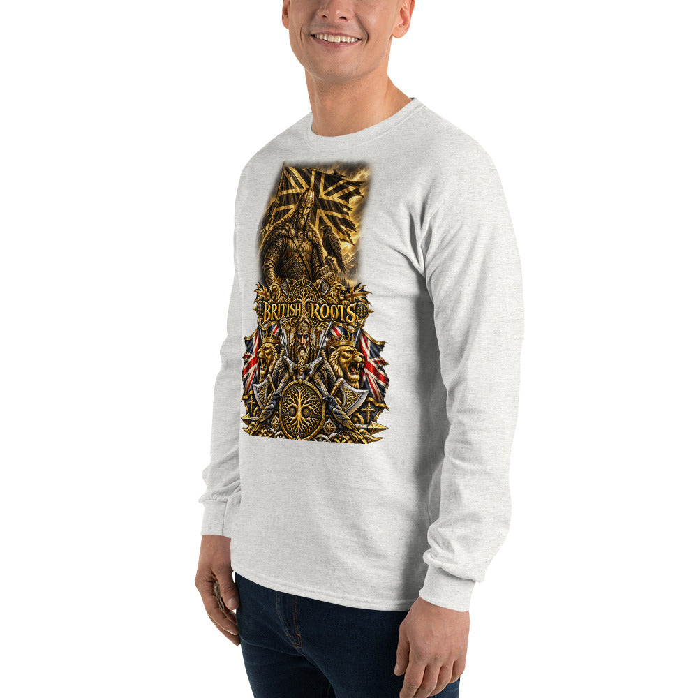 A man wearing a light heather gray long-sleeve t-shirt with a large, detailed gold and red graphic on the front that reads 'British Roots'.