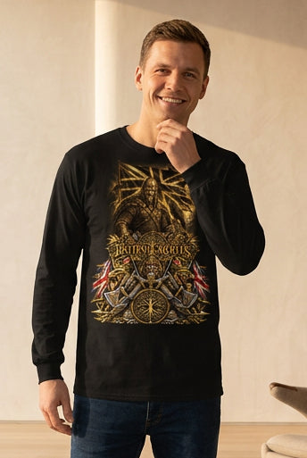 Velvet Ink Market British Roots Viking Long Sleeve Shirt in black, front view featuring gold Viking warrior art and British Roots lettering.