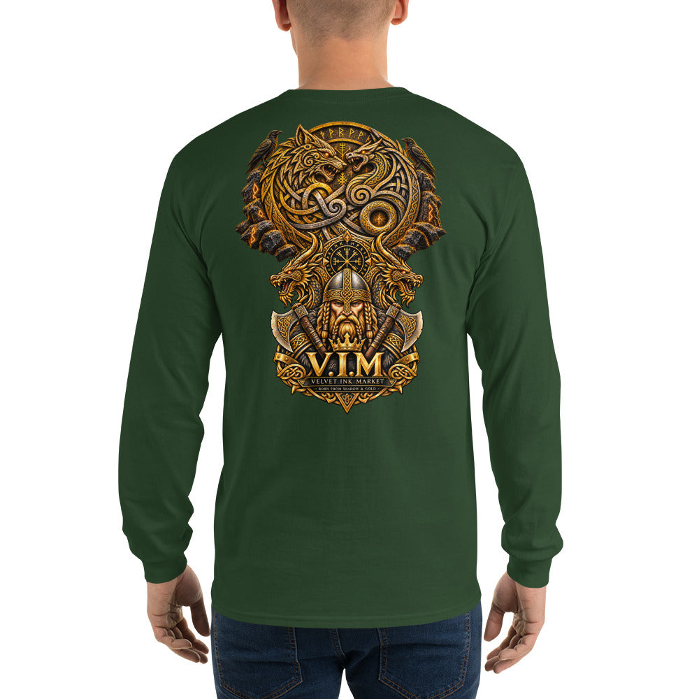 A man viewed from the back wearing a dark green long-sleeve t-shirt with a large, detailed gold and brown Viking-themed graphic on the back, paired with blue jeans against a plain white background.
