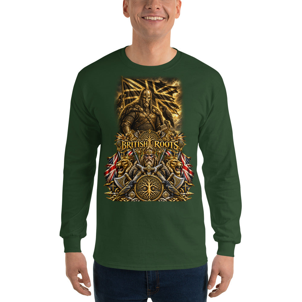 A man wearing a dark green long-sleeve t-shirt with a large gold and brown graphic print on the front featuring a warrior, flags, and the text 'BRITISH ROOTS'.