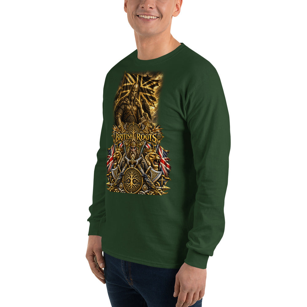 A man wearing a dark green long-sleeve t-shirt with a large gold, red, and white graphic on the front that reads 'British Roots'.