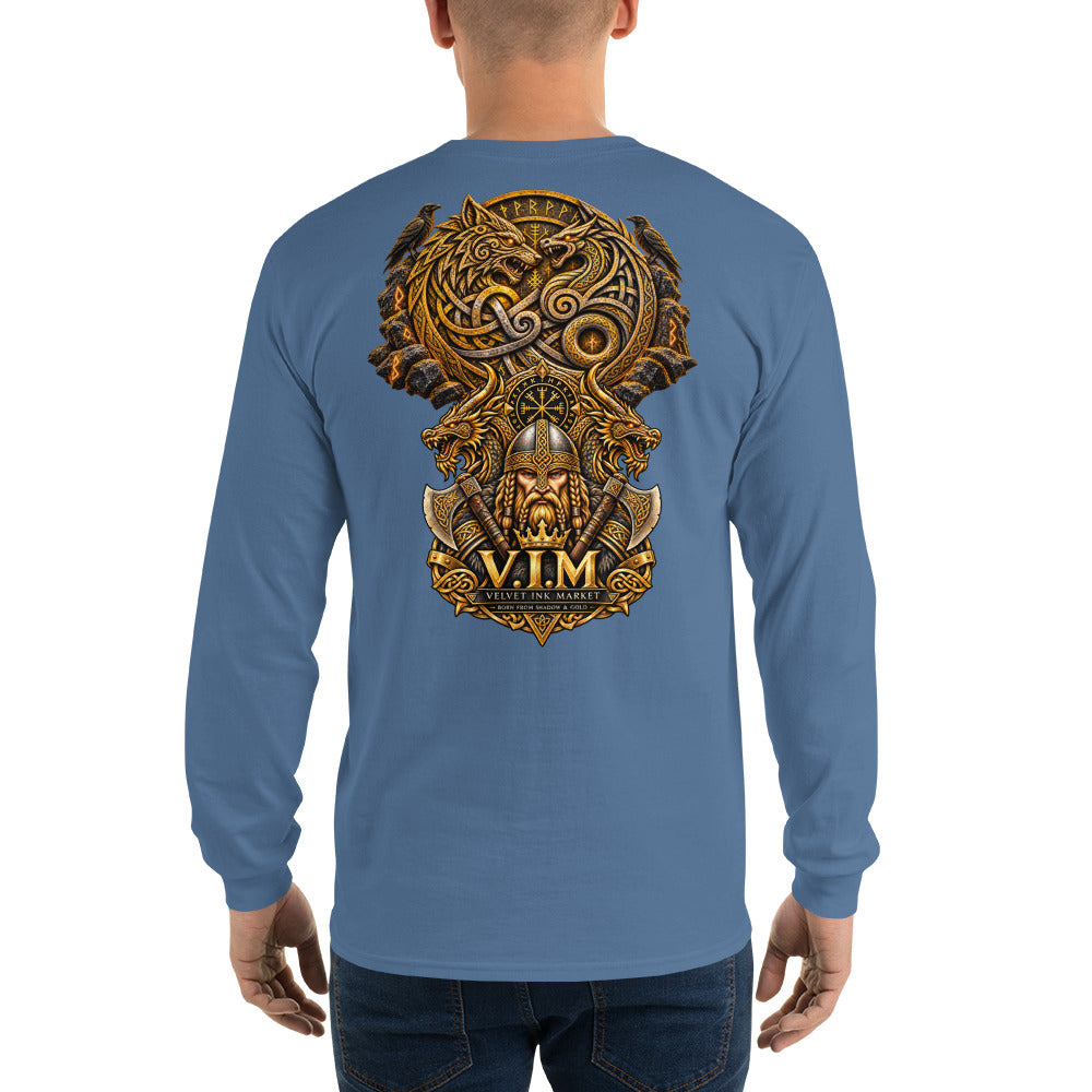 A man viewed from the back wearing a blue long-sleeve t-shirt with a large, detailed gold and brown Viking-themed graphic on the back, featuring a horned helmet, wolf, and the text 'V.I.
