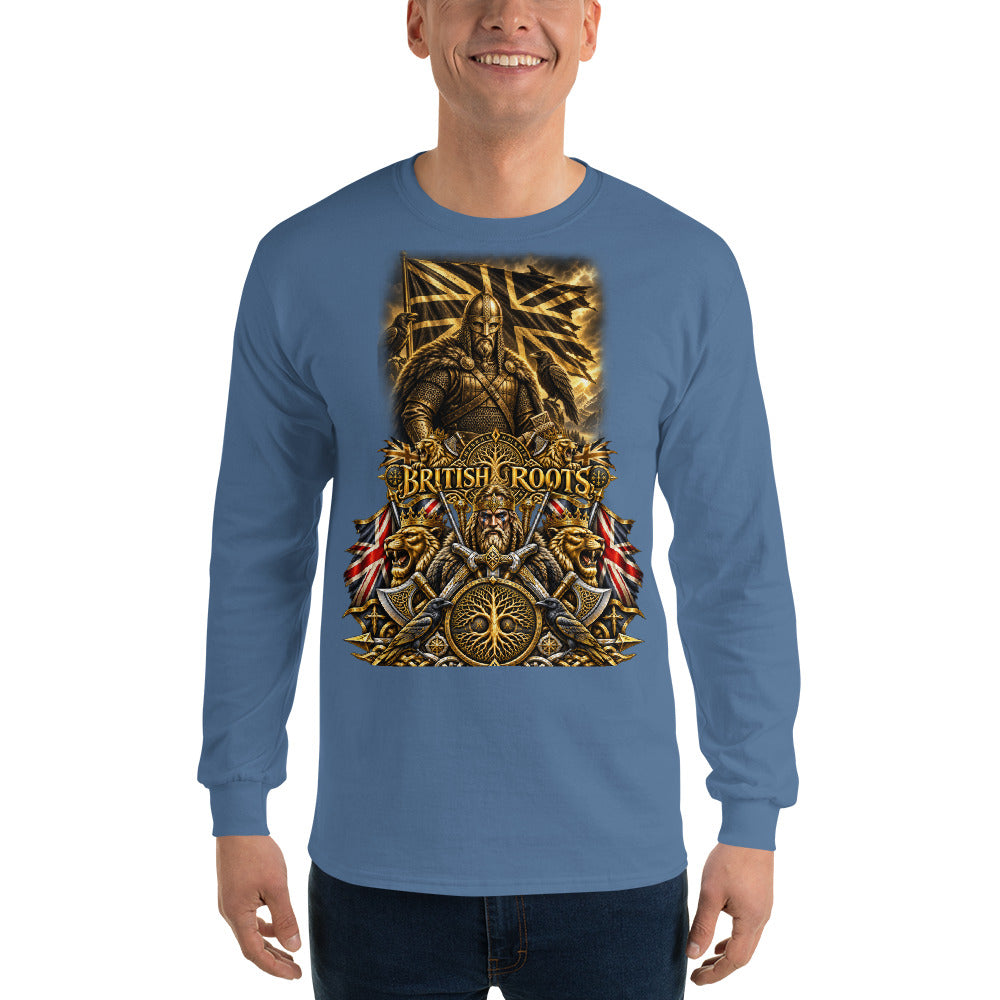 A man wearing a blue long-sleeve t-shirt with a large gold and brown graphic print on the front featuring a Viking warrior, the text 'BRITISH ROOTS', and Union Jack flags, shown against a plain white background.