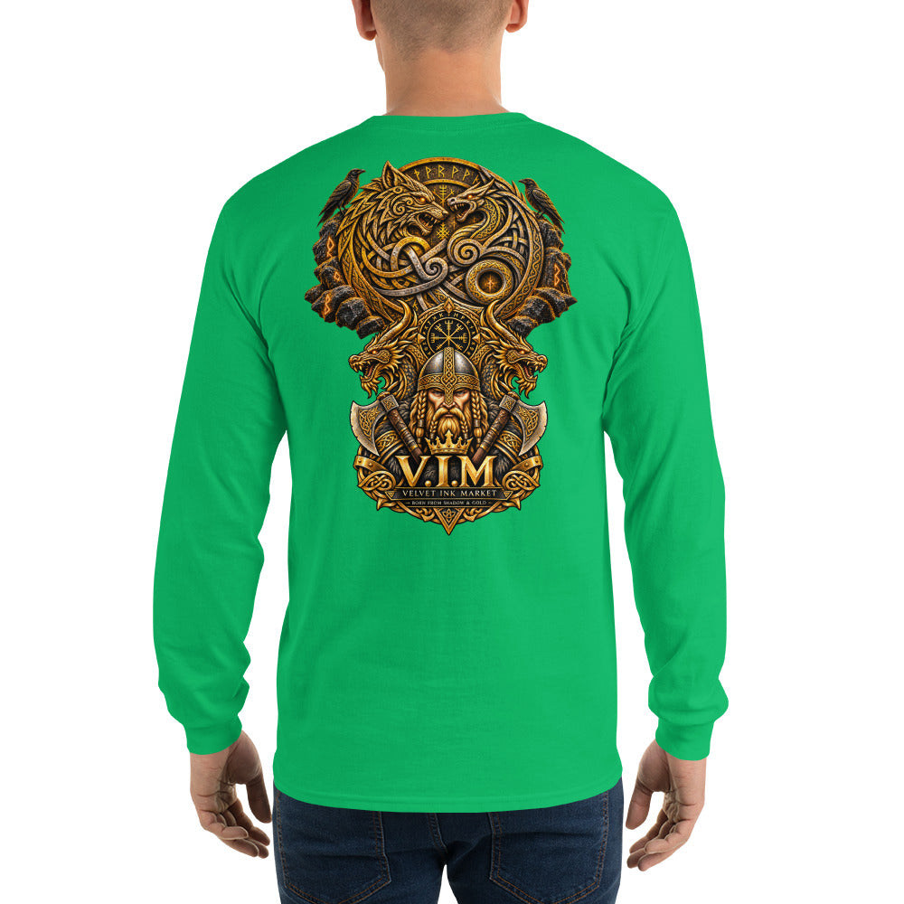 A man viewed from the back wearing a bright green long-sleeve t-shirt with a large, detailed Norse-themed graphic on the back. The graphic features a golden Viking helmet, a wolf, and the text 'V.
