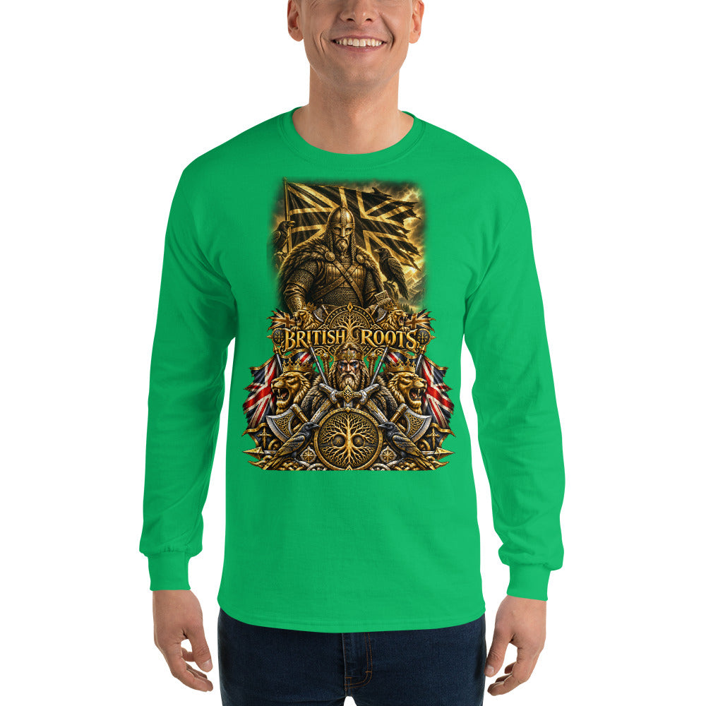 A man wearing a bright green long-sleeve t-shirt with a large, detailed graphic on the chest featuring a Viking warrior and the text 'BRITISH ROOTS'.