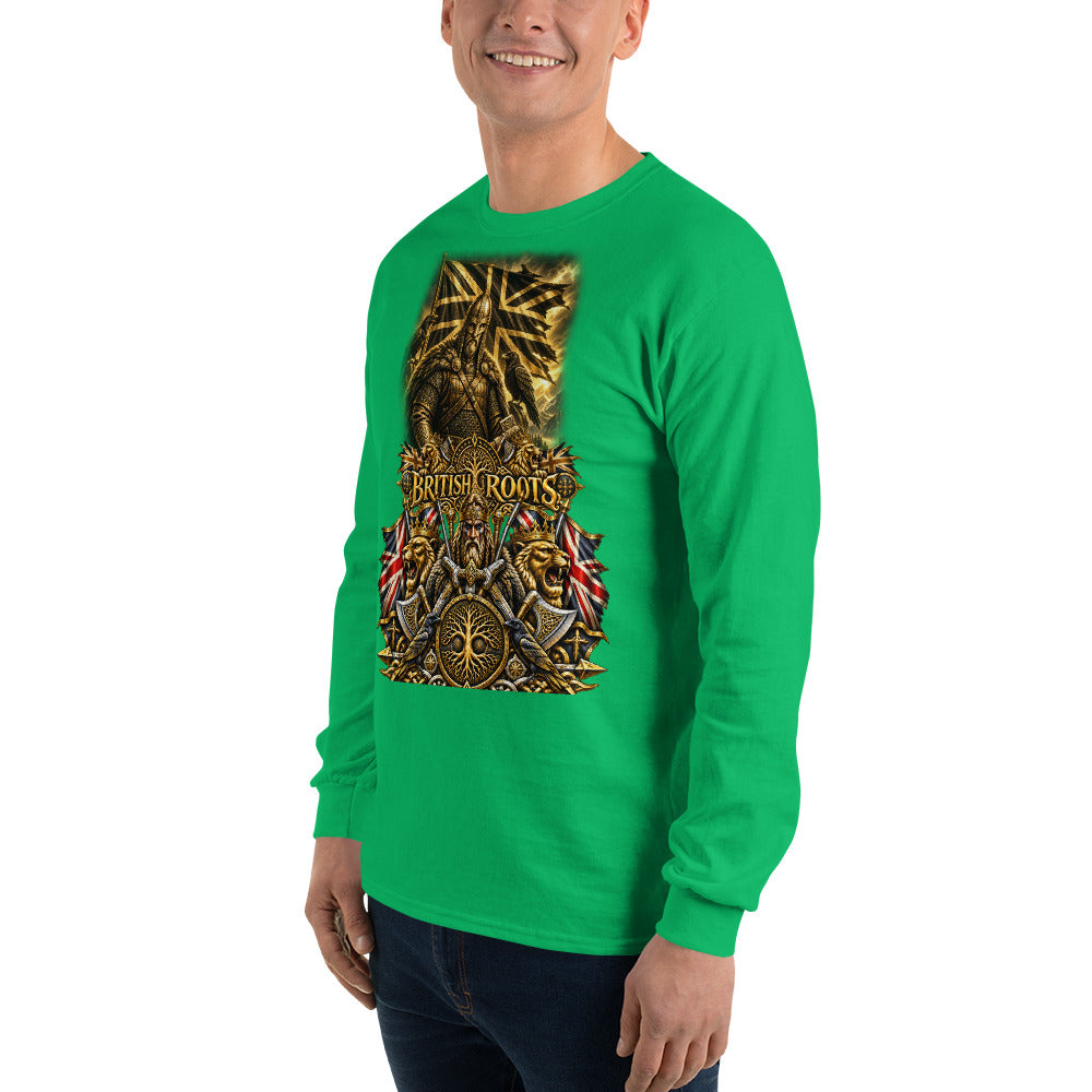 A man wearing a bright green long-sleeve t-shirt with a large graphic print on the front featuring a golden eagle, Union Jack flags, and the text 'British Roots'.
