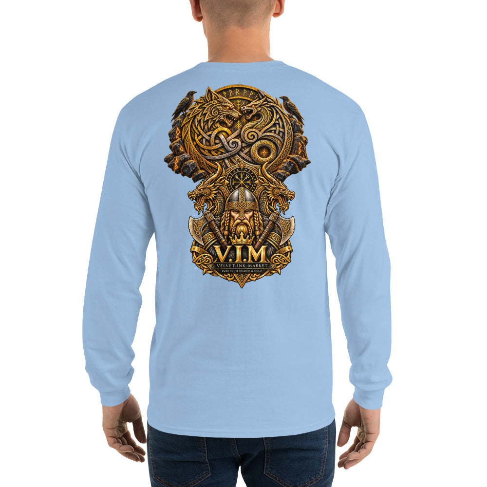 A man viewed from the back wearing a light blue long-sleeve t-shirt with a large, detailed Norse-themed graphic on the back in gold and brown, featuring a dragon, helmet, and the text 'V.I.
