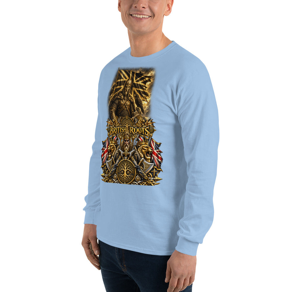 A man wearing a light blue long-sleeve t-shirt with a large, detailed gold and red graphic on the front that reads 'British Roots'.
