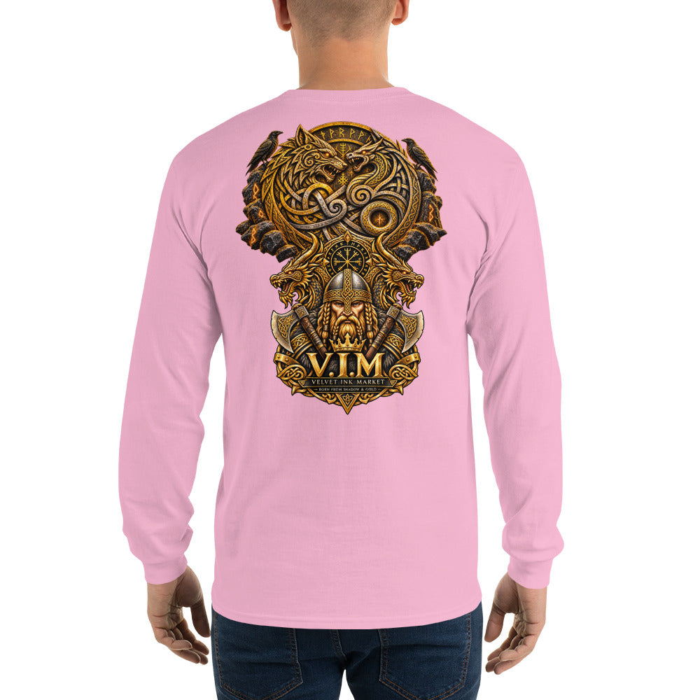 A man viewed from the back wearing a light pink long-sleeve t-shirt with a large, detailed Norse-themed graphic on the back. The graphic features a Viking dragon, a horned helmet, and the text 'V.