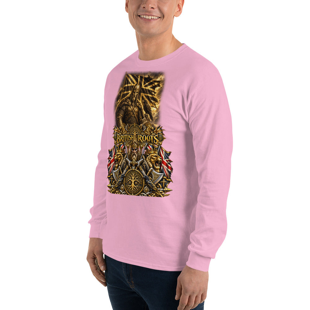 A man wearing a light pink long-sleeve t-shirt with a large graphic print on the front. The graphic features a golden eagle and the text 'BRITISH ROOTS' surrounded by flags and a compass, set against a plain white background.