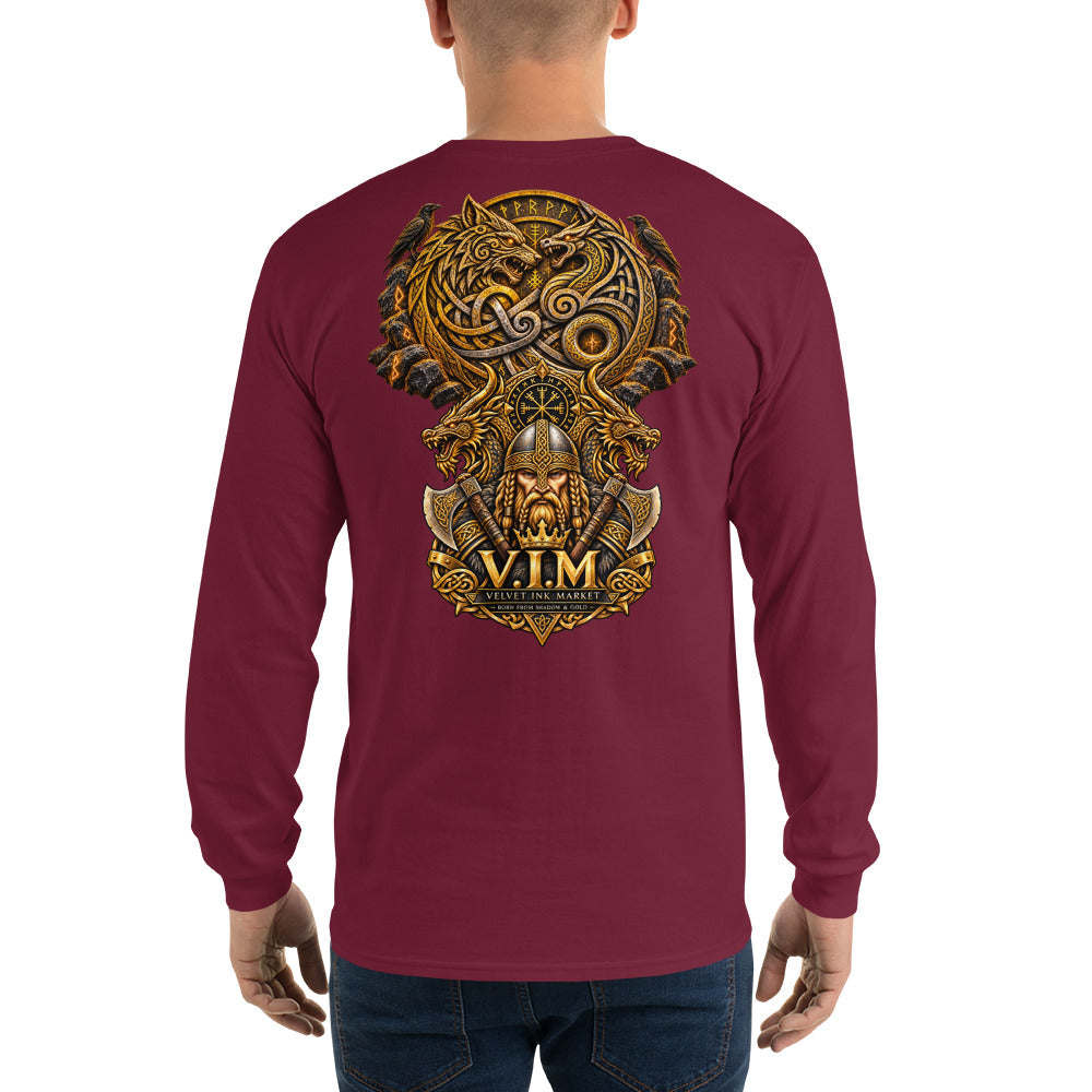 A man viewed from the back wearing a maroon long-sleeve t-shirt with a large gold and bronze Viking-themed graphic on the back, featuring a horned helmet, wolf, and the text 'V.I.
