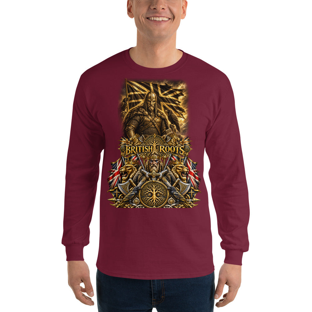 A man wearing a long-sleeve maroon t-shirt with a large, detailed gold and black graphic on the chest depicting a warrior and the text 'BRITISH ROOTS'.