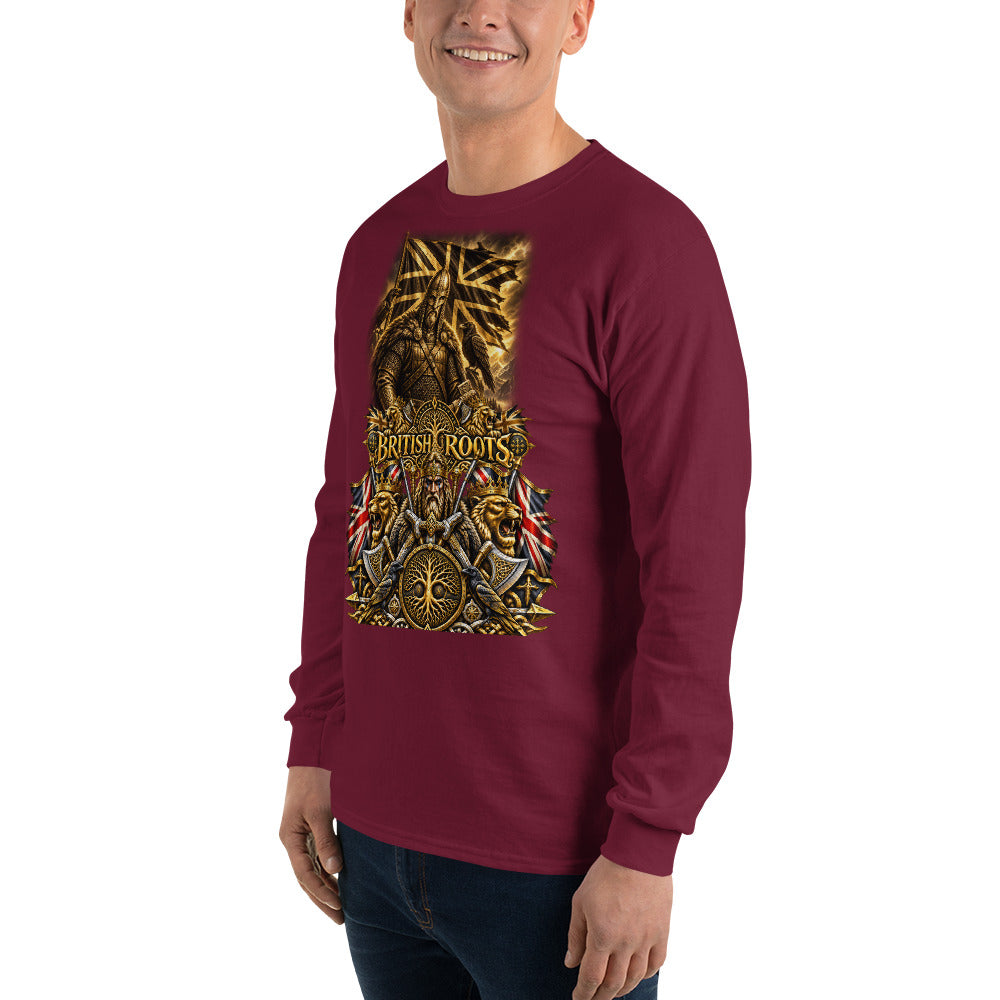 A man wearing a burgundy long-sleeve t-shirt with a large gold and multicolor graphic on the front that reads 'British Roots'.