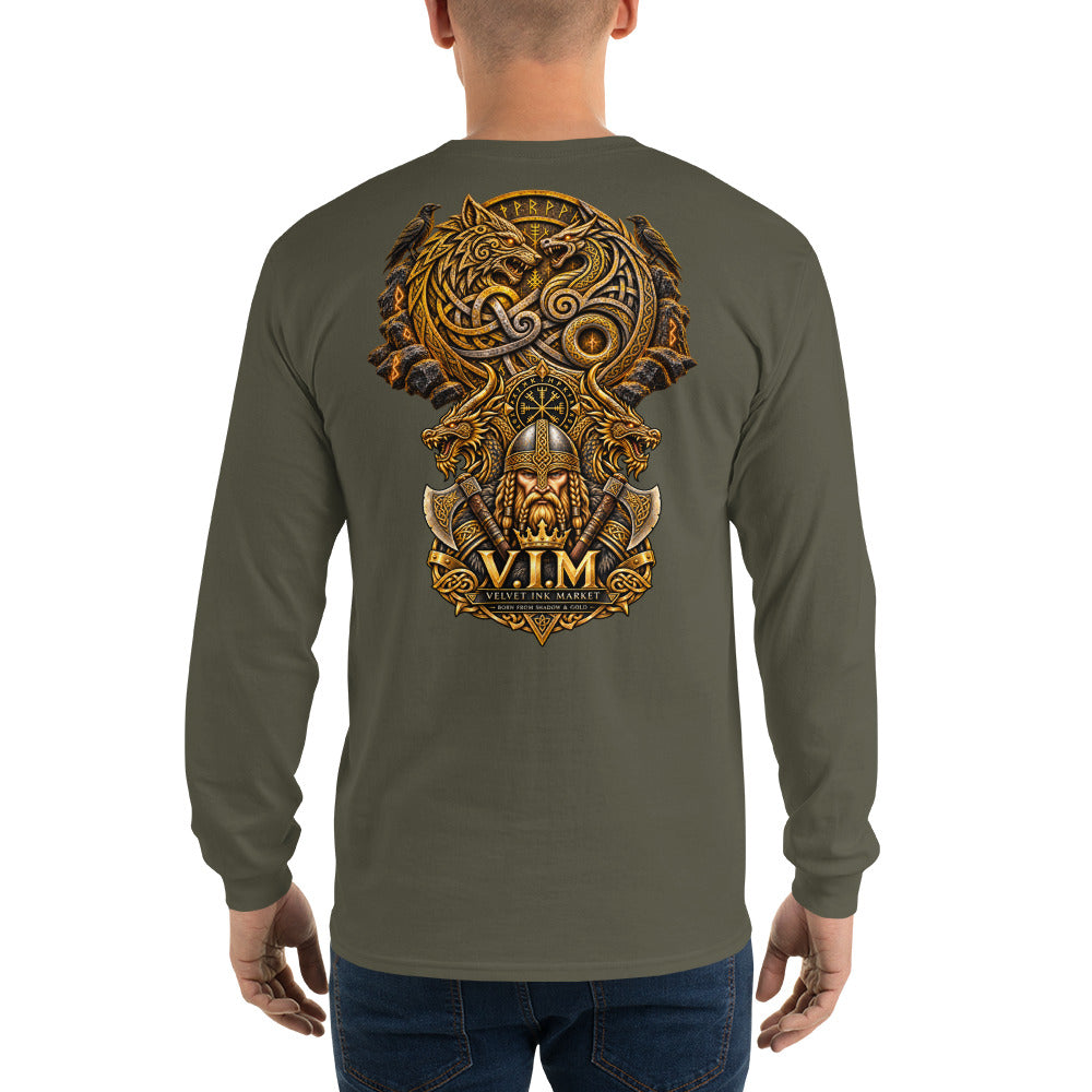 A man viewed from the back wearing an olive green long-sleeve t-shirt with a large, detailed Norse-themed graphic on the back. The graphic features a Viking wolf, a hammer, an axe, a helmet, and the text 'V.