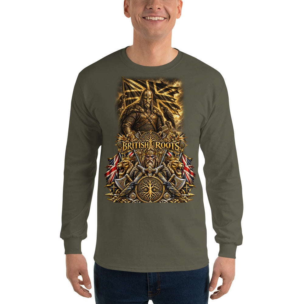 A man wearing a long-sleeve crewneck t-shirt in olive green, featuring a large graphic print on the front with a Viking warrior, Union Jack flags, axes, and the text 'BRITISH ROOTS'.