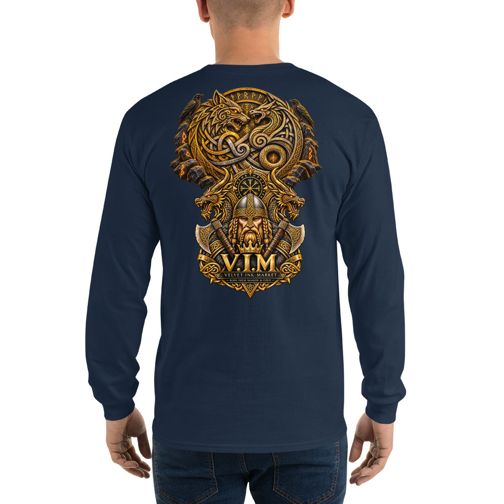 A man viewed from the back wearing a navy blue long-sleeve t-shirt with a large, detailed gold and bronze Viking-themed graphic on the back, featuring a horned helmet, wolf, and the text 'V.I.