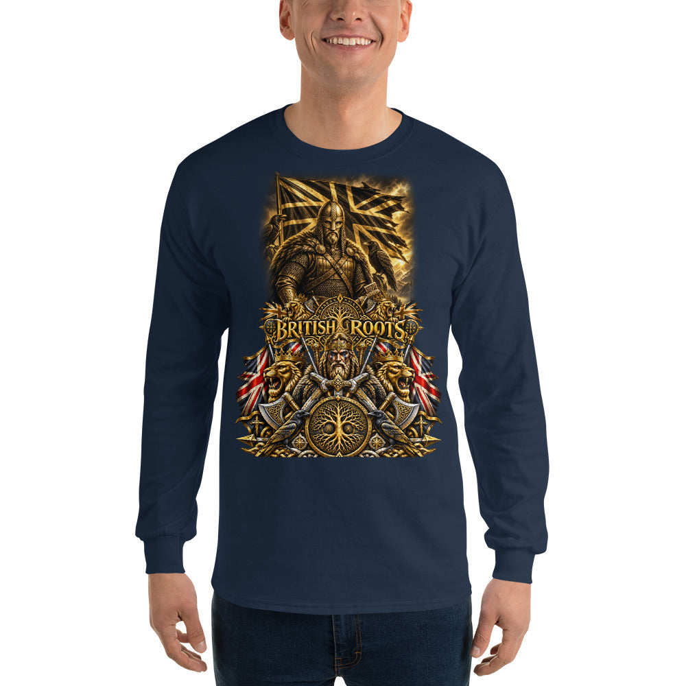 A man wearing a navy blue long-sleeve t-shirt with a large gold and brown graphic print on the front featuring a warrior, Union Jack flags, and the text 'BRITISH ROOTS'.