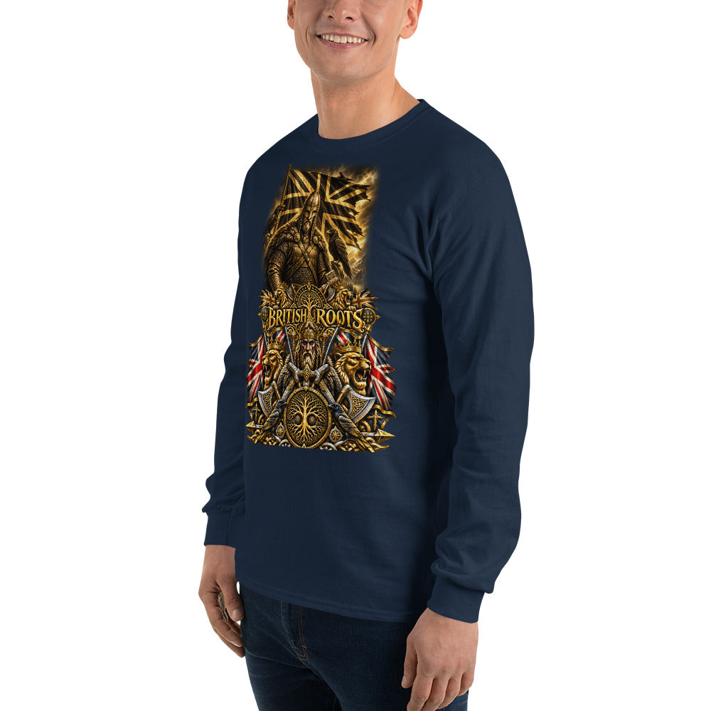 A man wearing a navy blue long-sleeve t-shirt with a large gold and red graphic on the front that reads 'British Roots'.