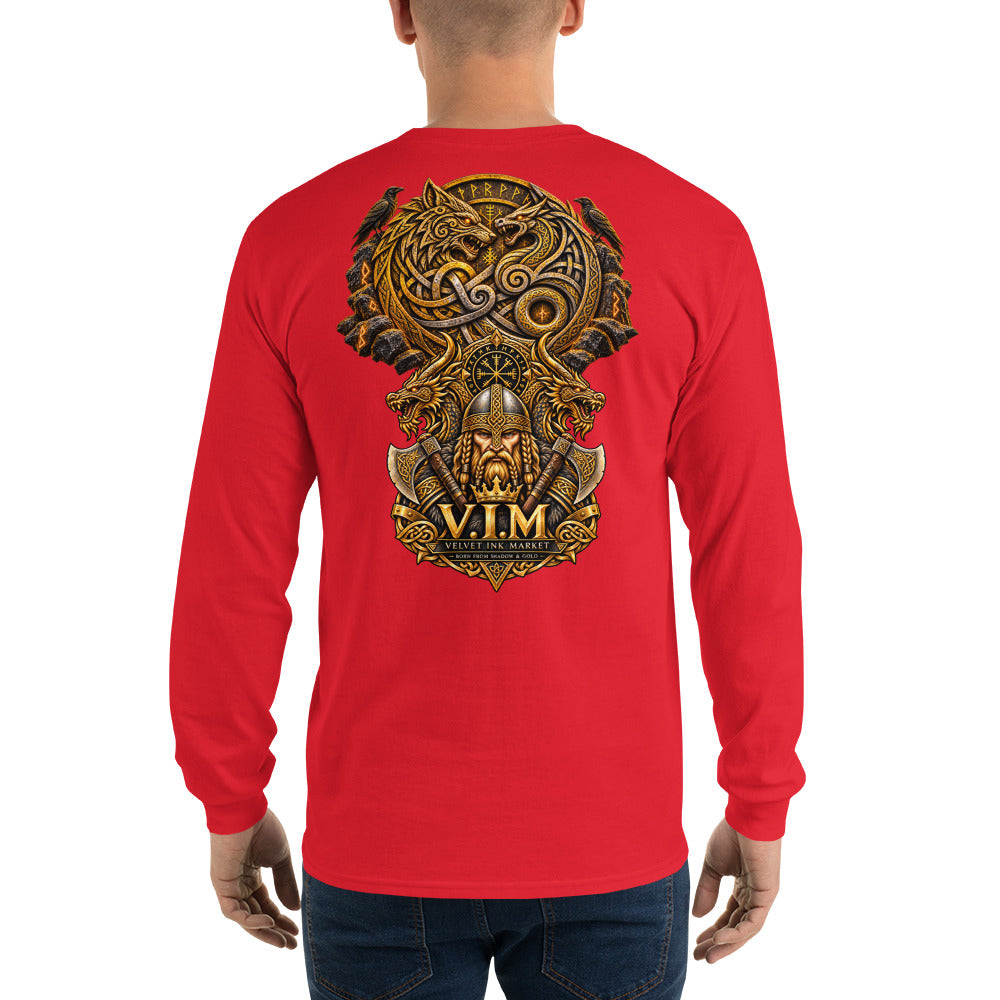 A man viewed from the back wearing a bright red long-sleeve t-shirt with a large, detailed Norse-themed graphic on the back. The graphic features a golden trident, a wolf, a Viking helmet, and the text 'V.