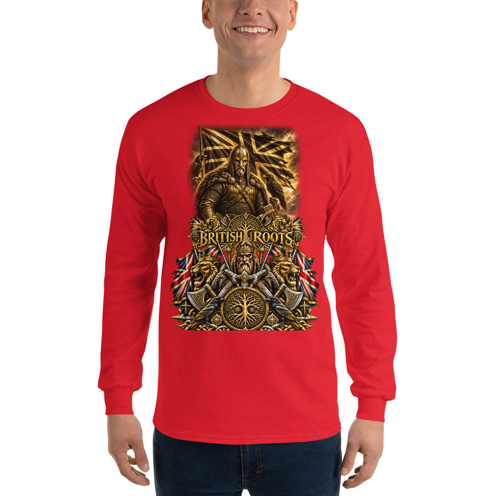 A man wearing a bright red long-sleeve t-shirt with a large, detailed graphic print on the front. The graphic features a Viking warrior, the text 'BRITISH ROOTS', and various historical symbols including flags, axes, and a compass.