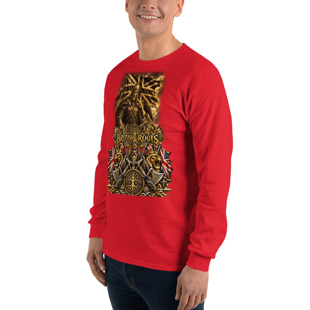 A man wearing a bright red long-sleeve t-shirt with a large, detailed gold and black graphic on the front featuring a tree and the text 'British Roots'.