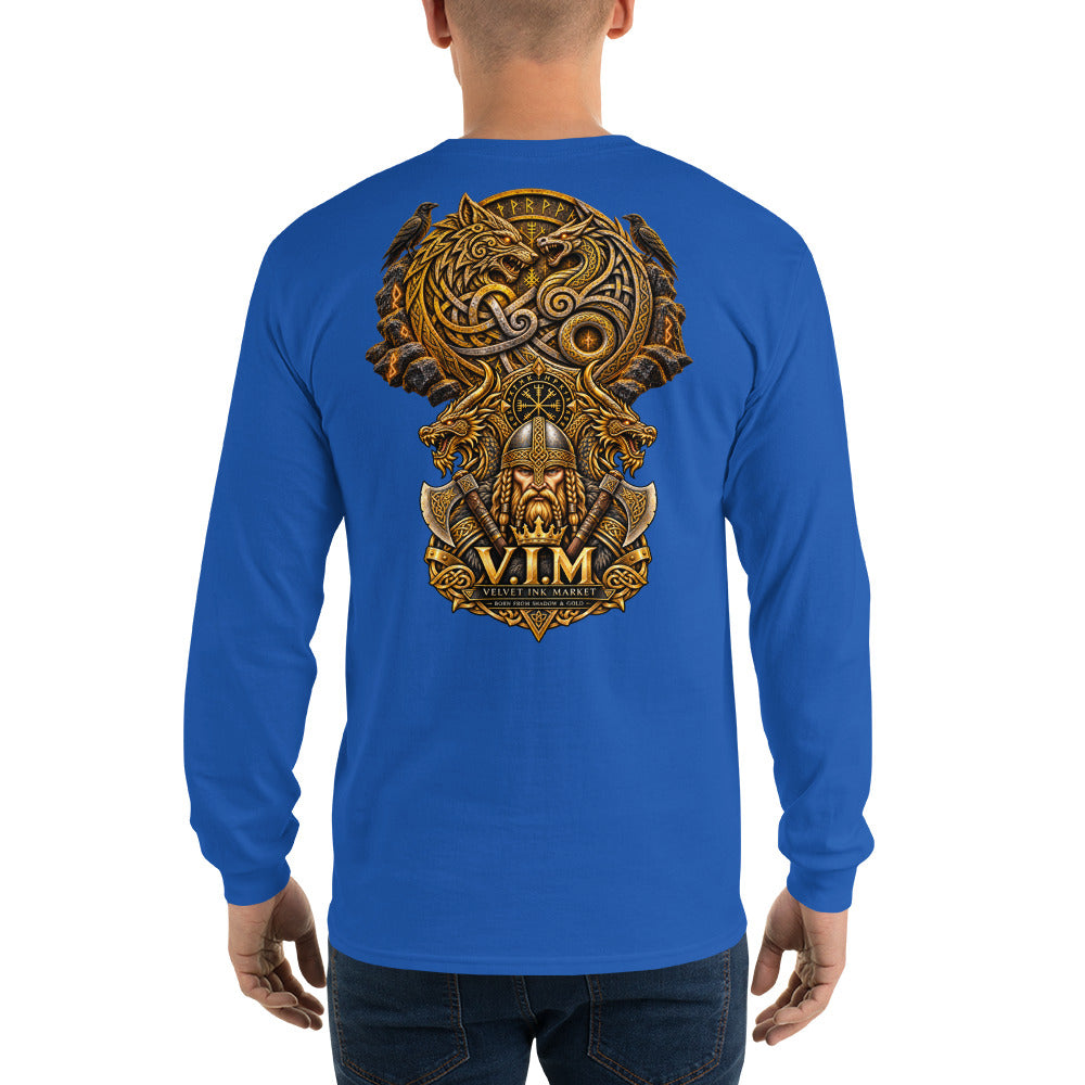 A man viewed from the back wearing a royal blue long-sleeve t-shirt with a large, detailed gold and bronze Viking-themed graphic on the back, featuring a horned helmet, wolf, and the text 'V.I.
